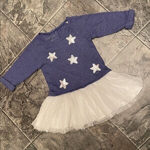 PIPER & JULIE Blue White Silver Sequin Star Dress w Tulle Tutu Skirt Sparkly